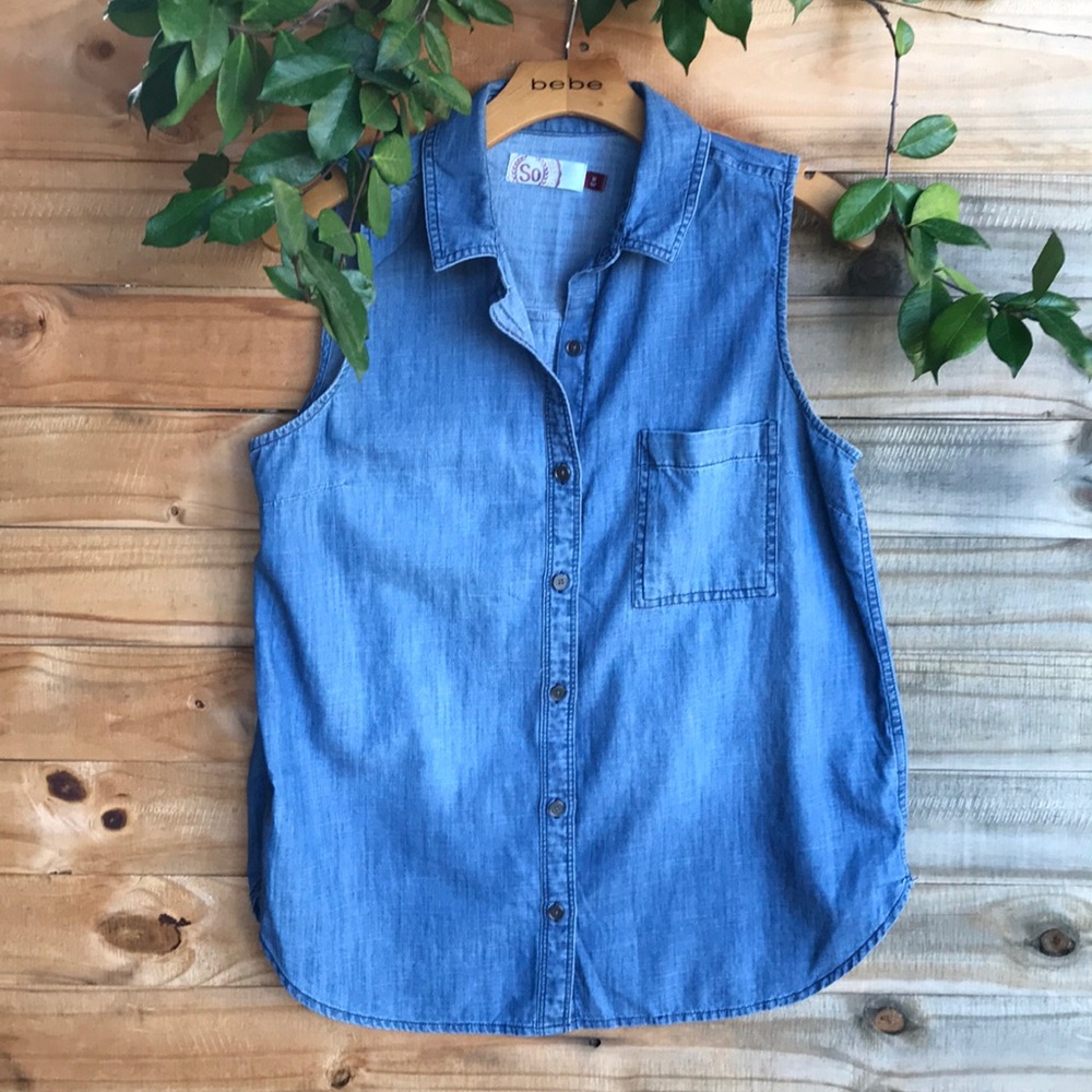 Blue button down blouse.
